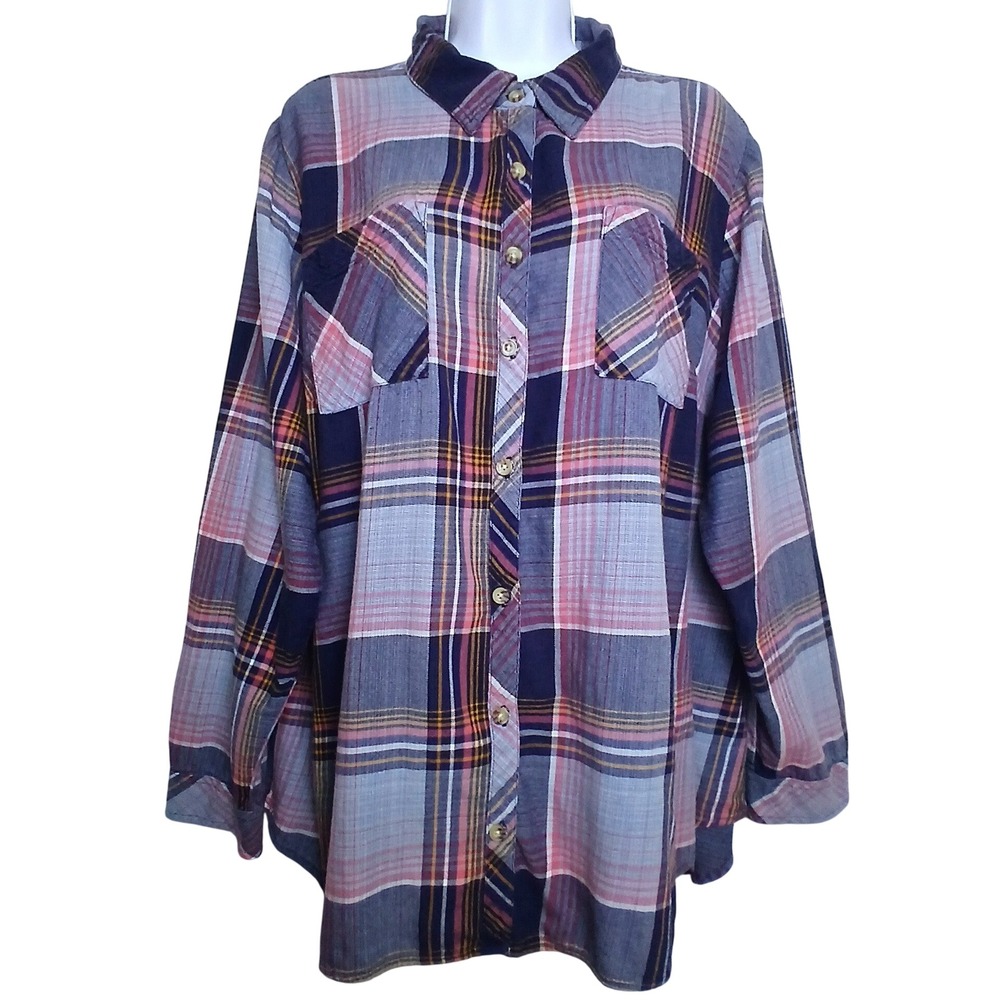 Westport Women 3X Plaid Cotton Button Up Shirt Grunge Lagenlook Roll Sleeve